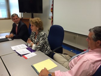 From left to right: Acting Superintendent Dr. Bryan Luizzi, College Career Coach Dede Bartlett,  First Selectman Rob Mallozzi III discuss the problem of sexual assault on college campuses.