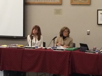 Superintendent of Schools Mary Kolek and Board of Education Chair Hazel Hobbs at the Feb. 24, 2014 meeting. Credit: Michael Dinan