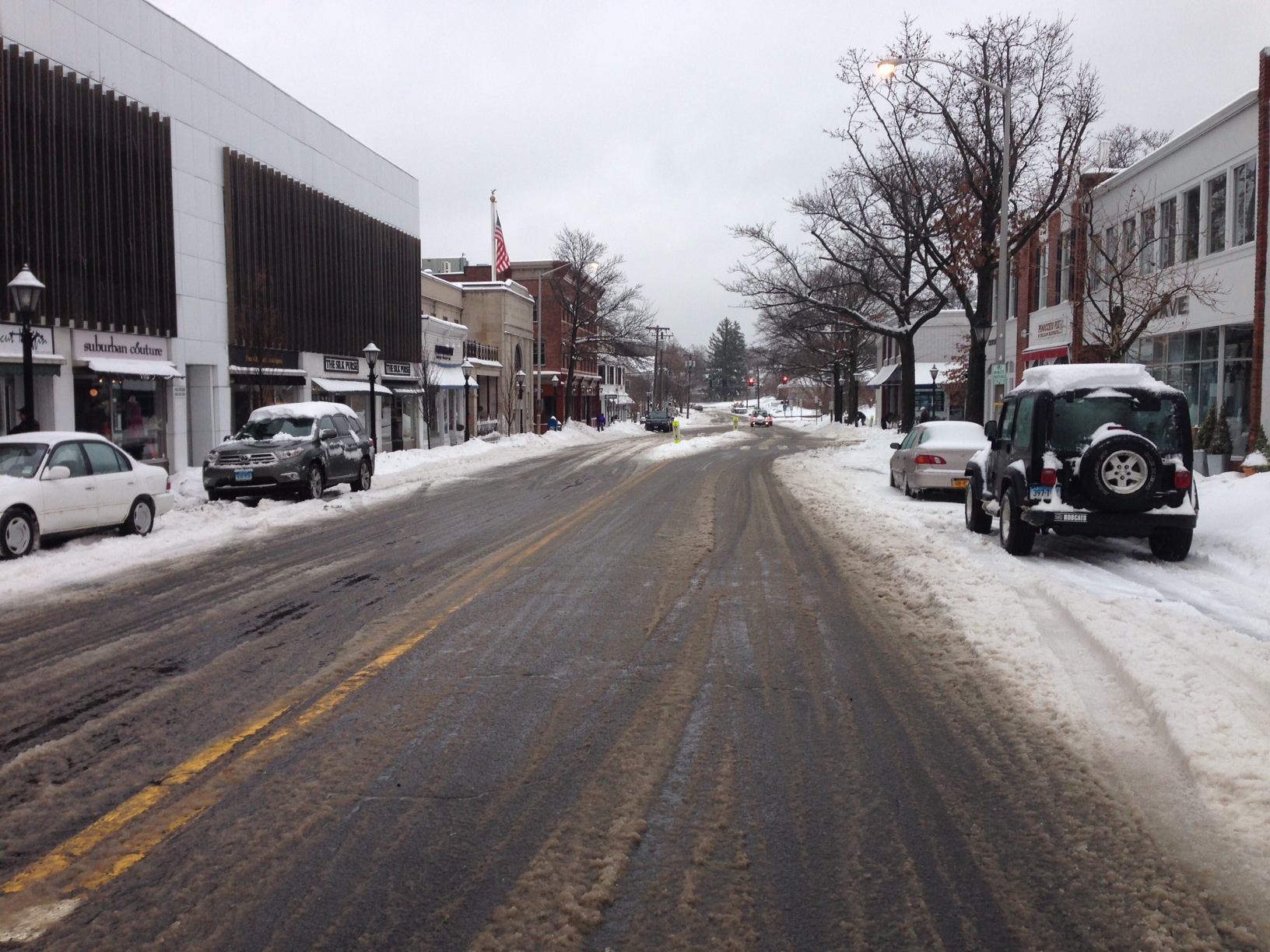 Downtown New Canaan during the snow and sleet storm of Feb. 5, 2104. Credit: Terry Dinan