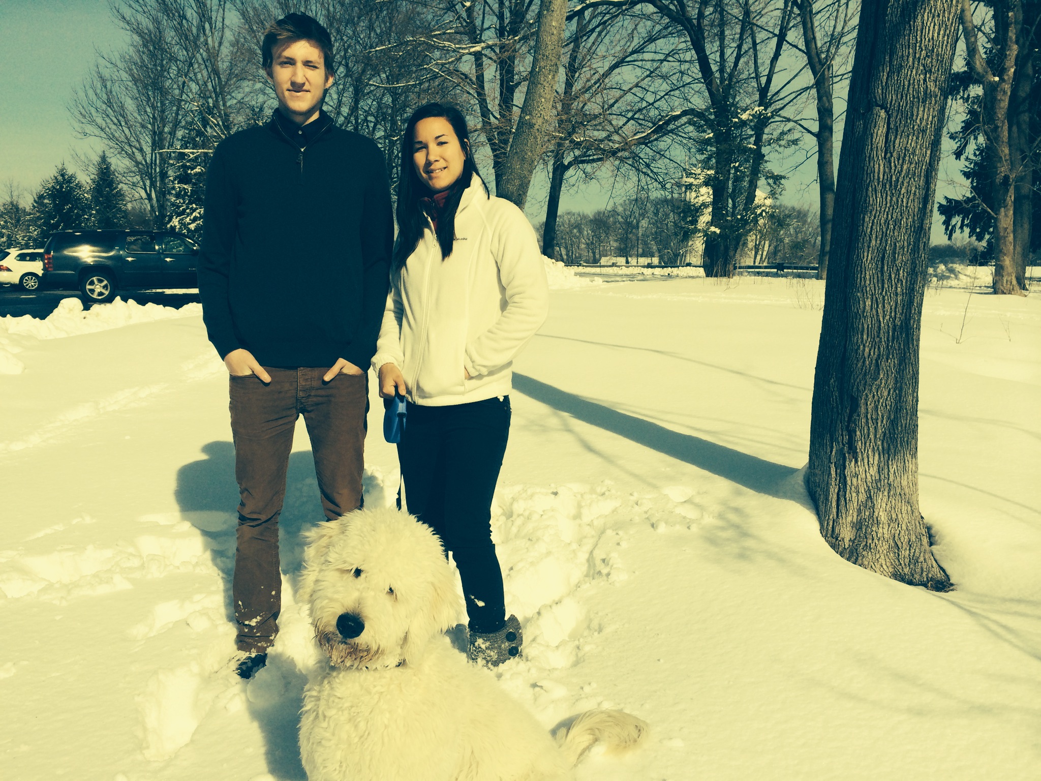 William and Kiana arrive at Spencer's Run on Feb. 4 with 8-month-old Claus, a Golden-Doodle. Credit: Michael Dinan