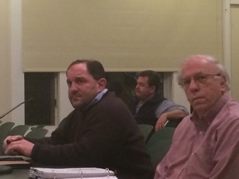 New Canaan Department of Public Works Assistant Director Tiger Mann (L) and Michael Pastore (R) at a March 2014 meeting of the Town Council, held at the New Canaan Nature Center's Visitors Center. Credit: Michael Dinan