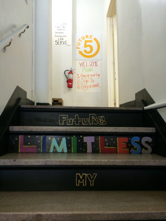 Climbing the stairs to Future 5, students are met with a chalk-drawn message as they climb the staircase: "Every step I climb lifts me from the traps that hold me down & brings me closer to my limitless future." Here's the top stair.