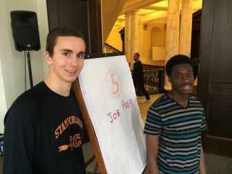 L-R: Greg Koszkul and Joshua Cenejuste at Old Town Hall in Stamford, moments before receiving their certificates, business cards and letters of reference for completing Future 5's Job Prep program.