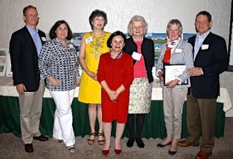 Members and supporters of the New Canaan Preservation Alliance at the 2013 awards ceremony. They include the trio in the center, L-R Alexander and Melissa Murray (2013 winners for a ca. 1720 Colonial farm cottage); current president Rose Scott Long, state Sen. Toni Boucher and Chairman Emerita Mimi Findlay; and Elizabeth and Thomas Butterworth (2013 winners for a 1724 Colonial saltbox).