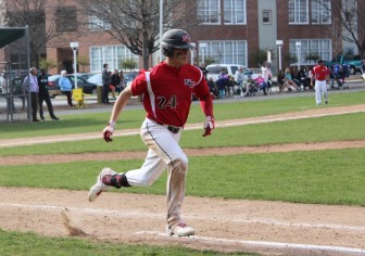 Alex LaPolice on his way to first after hitting a single last season. Credit: Terry Dinan
