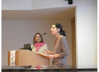 Heather Lauver (L) and Micaela Porta speaking at New Canaan Library. Contributed photo