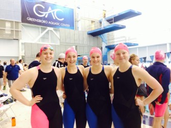 At Y Nationals 2014. This fearsome foursome broke New Canaan team and Connecticut state records in the 400 free relay and 200 medley relay. L-R: New Canaan YMCA Caimans swimmers Jenna Egan, Libby O'Hare, Meghan Egan and Katie Colwell. Contributed photo