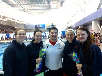 Coach Mike Ferraro w his relay record breakers (Jenna-back, Libby-breast, Meghan-fly, Katie-free). Contributed photo 
