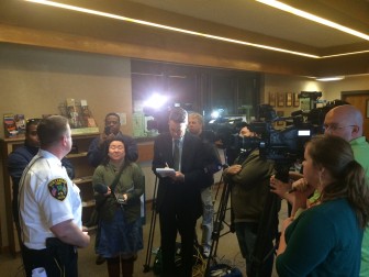 New Canaan Police Chief Leon Krolikowski addressing nonlocal news outlets at the department's South Avenue headquarters following a high-profile domestic arrest