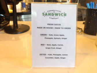 Juice menu at Connecticut Sandwich Company.