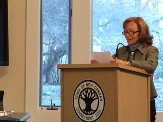 Board of Ed Chair Hazel Hobbs at an April 2 Town Council meeting, held at the New Canaan Nature Center's Visitors Center. 