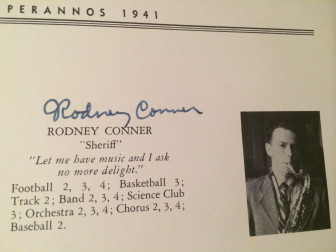 Part of the 1941 "Perannos" New Canaan High School yearbook entry for William R. "Rodney" Conner has his nickname as "Sheriff." He earned it by defusing situations at school such as bullying, which his survivors say he never allowed. Contributed photo