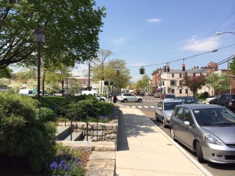 Main Street in front of New Canaan Library on May 12, 2014. Credit: Michael Dinan