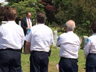 Gary Macintyre of New Canaan was guest speaker at the 2014 Memorial Day ceremony at Lakeview Cemetery. Here's part of what he said: "There is no tomb to the unknown sailor, or sentries pacing back and forth. There are no grave markers with names and dates upon them. There are no monuments to famous battles fought. There is no American flag stuck in the ground next to them. There is no fancy entry with large bronze gates, nor is there any grass to cut. There are no visitors meandering around to pay their respects." Credit: Michael Dinan