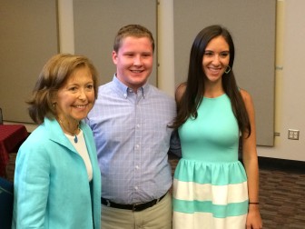 New Canaan Board of Education Chair Hazel Hobbs with seniors Jack Robey and Kit Mallozzi, who earned Student Leadership Awards from the Connecticut Association of Boards of Education. Robey is headed to Santa Clara University while Mallozzi will go to Syracuse University. Credit: Michael Dinan