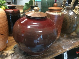 A jar with an exotic wooden lid. Pottery by George McEvoy. Credit: Michael Dinan