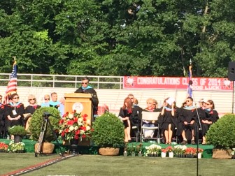 First Selectman Rob Mallozzi speaks during the New Canaan High School graduation ceremony on June 17, 2014. Credit: Michael Dinan
