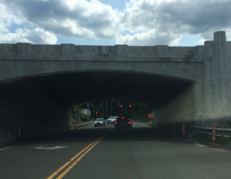 The intersection of Route 106 and the Merritt Parkway in New Canaan will see some lane closures—so that there will be just one lane of traffic in each direction, instead of two—during the day while the DOT finishes its bridge and roadway work there. Credit: Michael Dinan