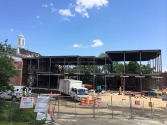 The steel frame of the Town Hall renovation is nearly complete—photo taken July 11, 2014. Credit: Michael Dinan