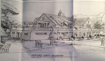 This is a drawing of the proposed expanded pavilion at the New Canaan Field Club. Here we're looking toward the south. Glen Drive neighbors objecting to the club's Special Permit application to pursue this project would live on the other side of the pavilion in this view. 
