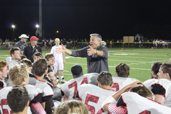 New Canaan head coach Lou Marinelli delivers a rousing postgame speech. (Terry Dinan photo)