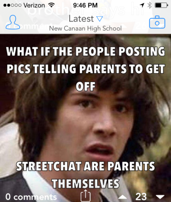 One screenshot from a busy night on the Streetchat feed assigned to "New Canaan High School" on Sept. 29-30, 2014. 