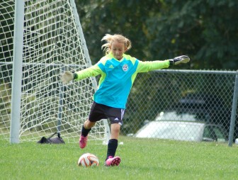 Saige Hartslief takes a goal kick for the New Canaan Soccer Girls U10 Red Team. Contributed photo