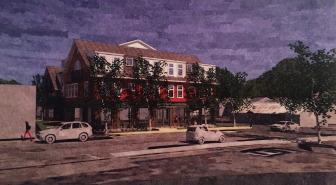 Looking north across Cross Street, in a rendering of a proposed new mixed-use building that could house New Canaan Post Office. Project owner is Karp Associates Inc. and architect is S/L/A/M Cooperative.