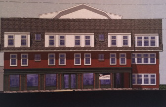 Looking directly across Cross Street, in a rendering of a proposed new mixed-use building that could house New Canaan Post Office. Commercial space on the ground floor, residential above. Project owner is Karp Associates Inc. and architect is S/L/A/M Cooperative.