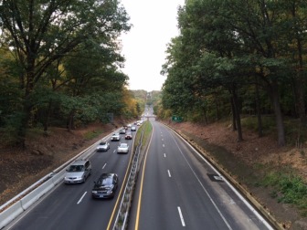 Looking west along the Merritt Parkway from the Lapham Road overpass on Oct. 14, 2014. Credit: Michael Dinan