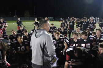 Coach Marinelli's postgame speech after a 35-2 win over Staples. Credit: Terry Dinan