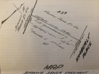 This map shows the sewer easement—here, the property at 809 Weed St. is identified by its former owner, Stanley Resor, and the Kimberly Place neighbor by the former owner of that property, Thomas McLane. 