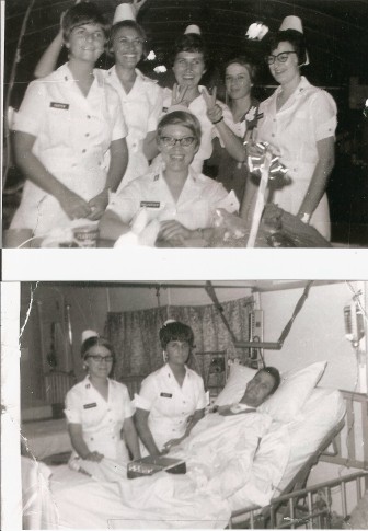 Top: The nurses from the 93rd Evacuation Hospital, Ward 3 ( Surgical ICU /Recovery) on Easter 1969. Captain Mary Halverson, is sitting, from the left, Linda Custer, Dolly Polito, Anne Voigt, Carol Armstrong, and Linda Lansford. Bottom: Larry Sudweeks in the hospital bed with Linda and Captain Mary standing by him. Photos courtesy of Anne Voigt