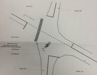 A reconstruction map showing the place where Ben Olmstead was struck by a motor vehicle, at the intersection of 123 and East Avenue, on July 23, 2014. Courtesy of the New Canaan Police Department