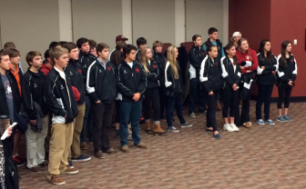 Members of New Canaan High School squash came out in full force at the Nov. 3, 2014 Board of Education meeting, held in the Wagner Room at NCHS. Credit: Michael Dinan 