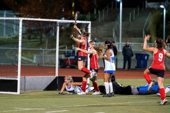 Isabel Taben celebrates a goal agains Darien in the FCIAC final. Credit: Stacy Mettler