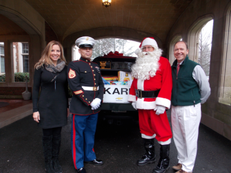A recent Breakfast with Santa event at Waveny: L-R: Tina Feldman (Young Women’s League), George Baez, Santa Claus, Steve Karl. Missing but said to be in the area: Steve Benko. Contributed photo