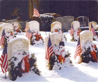 Wreaths placed on the graves of veterans buried in New Canaan. Contributed