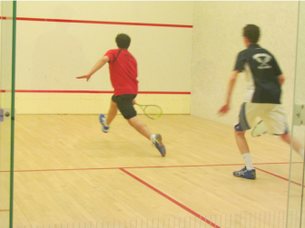 Will Gruseke of the New Canaan High School Squash Team (L) takes on Chris Gay of Bronxville High School. Contributed