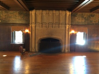 Here's the 'before' photo: The limestone fireplace in the Great Hall at Waveny House is getting a spruce-up next month. Credit: Michael Dinan