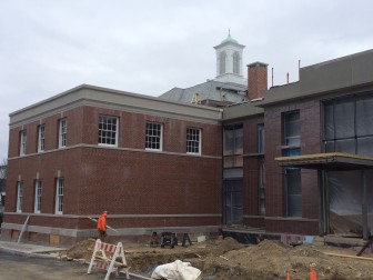 A different angle on the rear of Town Hall. The are in the lower-right of this photo will form a new entrance to the building at the addition. This photo from Jan. 14, 2015. Credit: Michael Dinan