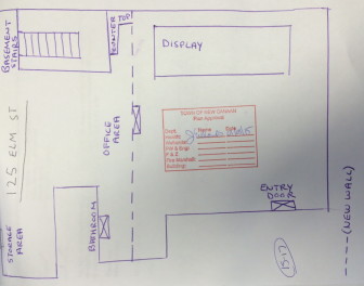 Here's an early sketch of the floor plan for the space at 125 Elm St., to be a shop that may be called 'Brad & Vandy Reh Fine Jewelry.' Some $23,800 will go into the renovation, according to a building permit application.