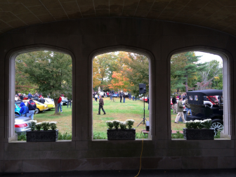 Looking out from the port cochere in front of Waveny House at Caffeine & Carburetors—Waveny, Oct. 19, 2014. Credit: Michael Dinan 