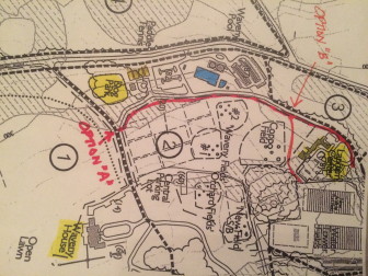 A sketch (in red) of where a proposed new walkway could run alongside the access road to Lapham Community Center at Waveny. Right now, park visitors often are walking in the road itself. Recreation Director Steve Benko has sketched out a couple of ways that the path to Lapham could be completed (see "Option B," which runs alongside Coppo Field). Courtesy of Steve Benko