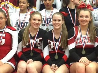 Congratulations to New Canaan senior captains Katherine Luciano (L) and Bridget Callahan (R), who were named to the All-FCIAC cheer team on Saturday, Feb. 7. Contributed
