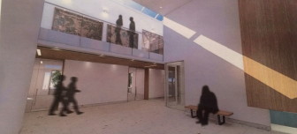 A look at how two prominent WPA paintings that long hung in the meeting room at Town Hall may be displayed at the new facility. The paintings in fact will be about another foot off of the ground and encased and possibly behind a protective glass. Rendering by KSQ Architects