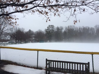 Main baseball field at Mead Park on March 14, 2015. The New Canaan High School varsity Rams baseball team plays here. A private group wants to put a "windscreen" along the outfield fence, like the one already installed on the little league fields. Credit: Michael Dinan