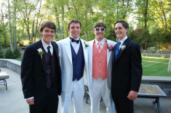 Me with my close friends Zach Swanson (white tux, blue vest), Brandon, and Brendan Foley in 2009.