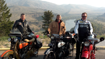 "Left to right - Buzz Kante on 1929 Harley, Paul Ousey on 1925 Harley JE, Jim Petty on 1927 Indian Chief. On our ride across the US on the 2012 Motorcycle Cannonball - NY to San Francisco."—Buzz Kanter