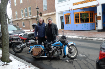 "In downtown New Canaan on a New Year's Day ride with Town Council member Roger Williams. I was on my 1936 Harley, Roger on a new BMW motorcycle."—Buzz Kanter